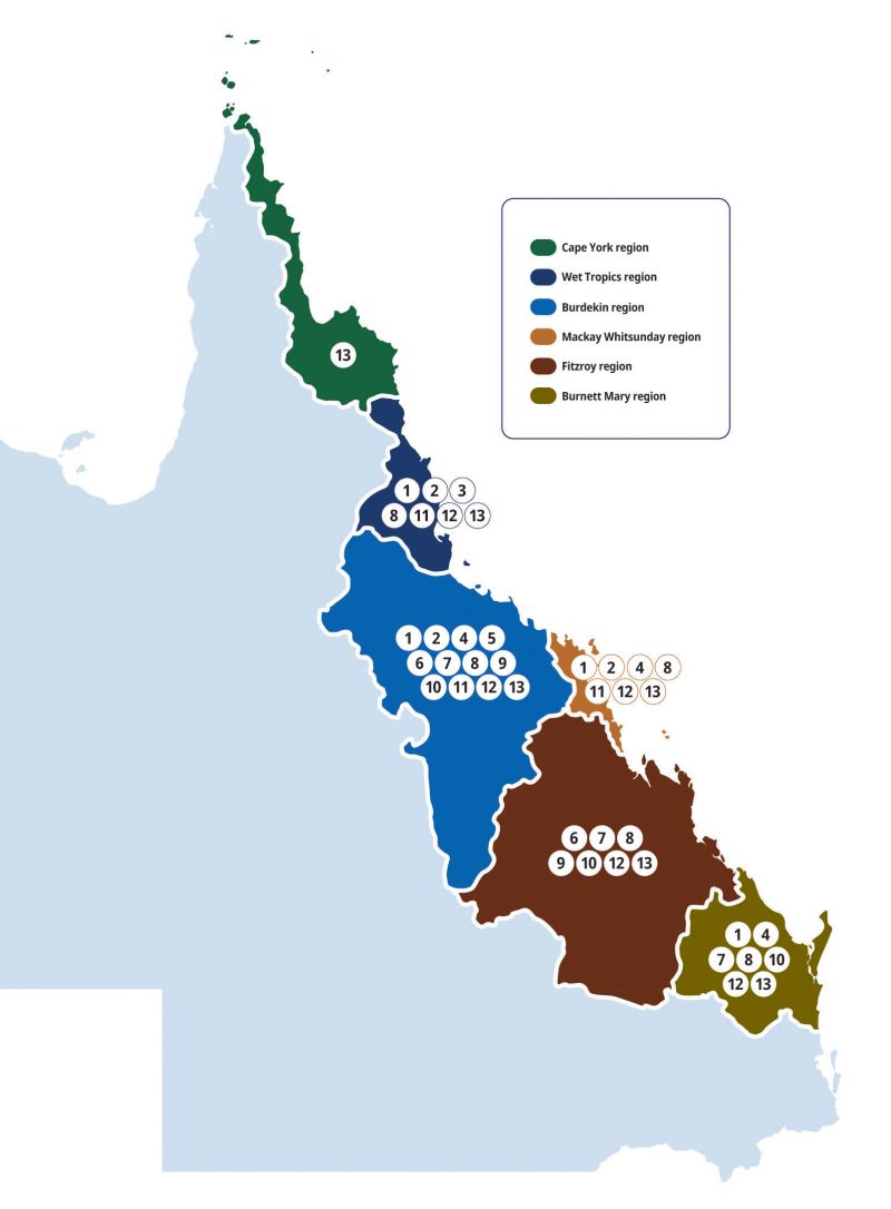 Map of Queensland showing project sites across Cape York, Wet Tropics, Burdekin, Mackay Whitsunday, Fitzroy and Burnett Mary regions.