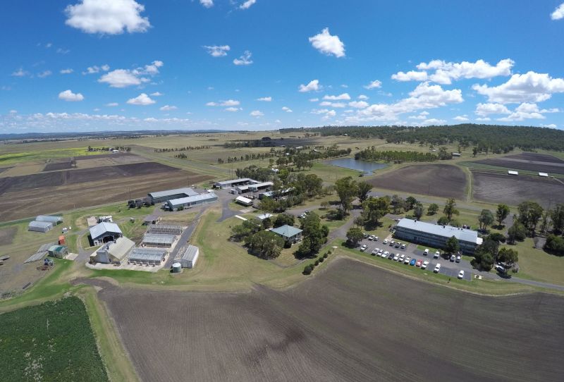 Aerial view of Hermitage Research Facility buildings and field trial areas.