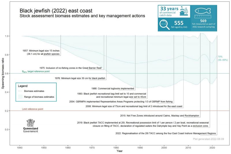 Biomass estimates and key management actions for black jewfish stock in Queensland.