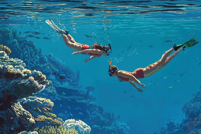 Two snorkellers wearing bright snorkel masks and wetsuits, looking directly at the camera underwater.
