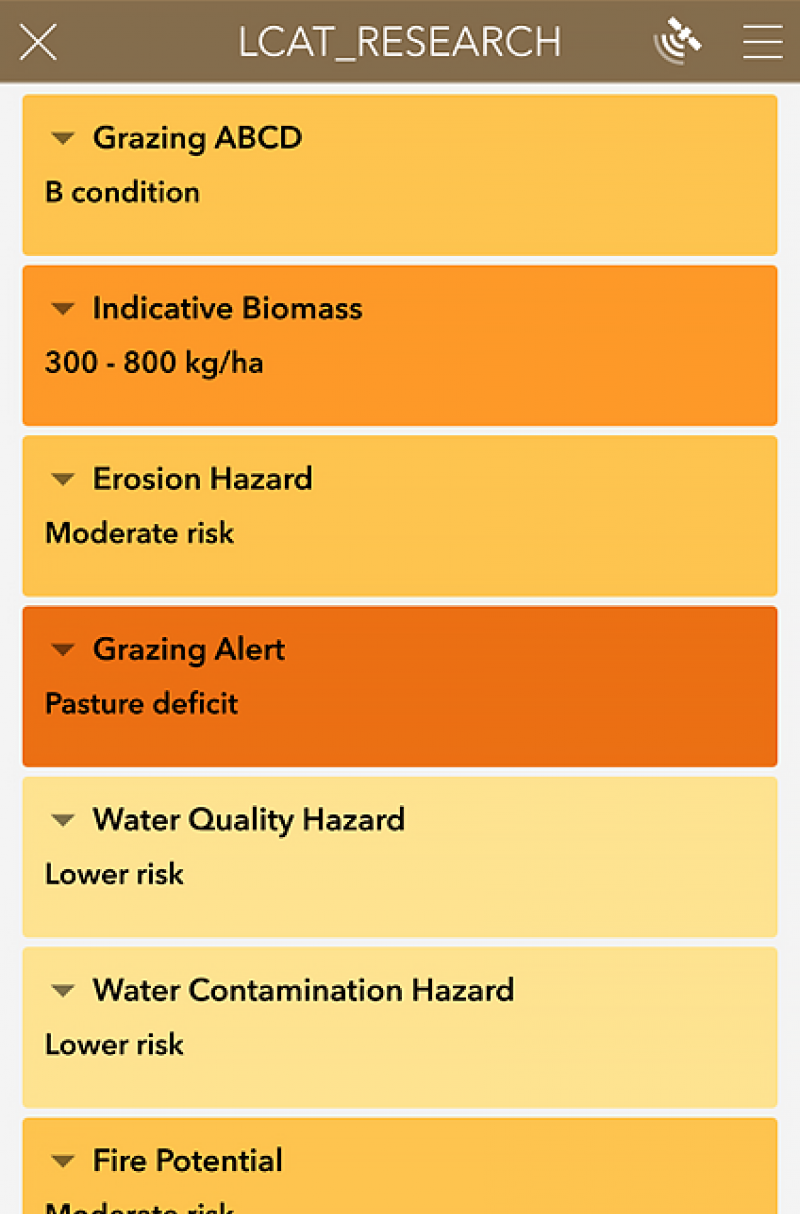Screenshot of the LCAT app displaying grazing alerts, erosion hazards, and water quality risks