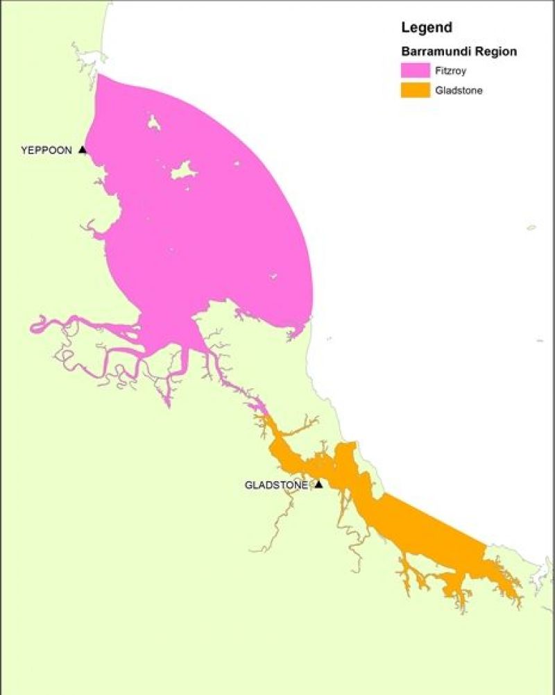 Fitzroy River and Gladstone Harbour biological sampling regions for Barramundi within the Central East Coast genetic stock.