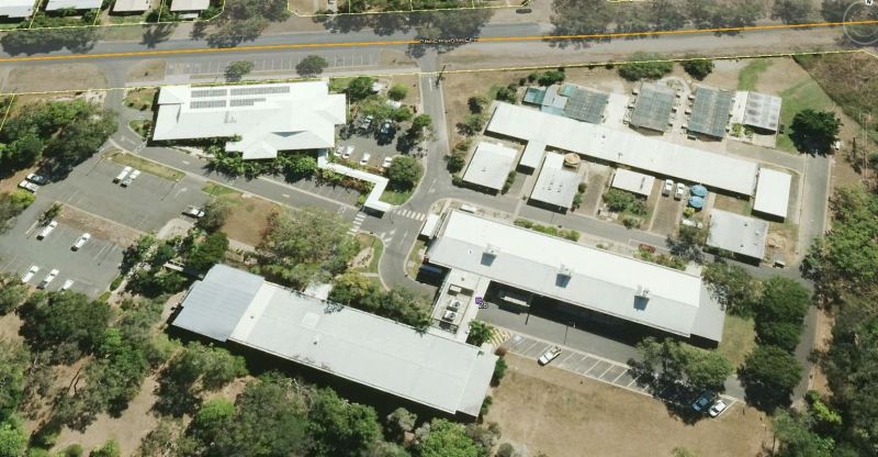 Aerial view of Mareeba Research Facility buildings, roads and car parks.