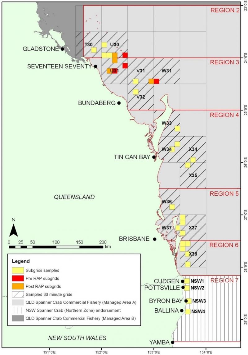 Map showing the areas in Queensland where the spanner crab stock is monitored.
