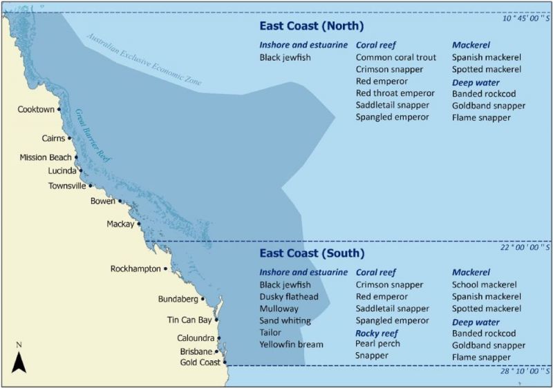 Map of Queensland’s East Coast split into North and South regions, showing Keen Angler Program target species lists by category (inshore and estuarine, coral reef, mackerel, deep water; plus rocky reef in the South) with key coastal towns marked.