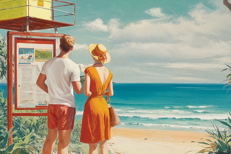 Stylised illustration showing 2 people standing by a beach safety sign and looking out at the ocean.