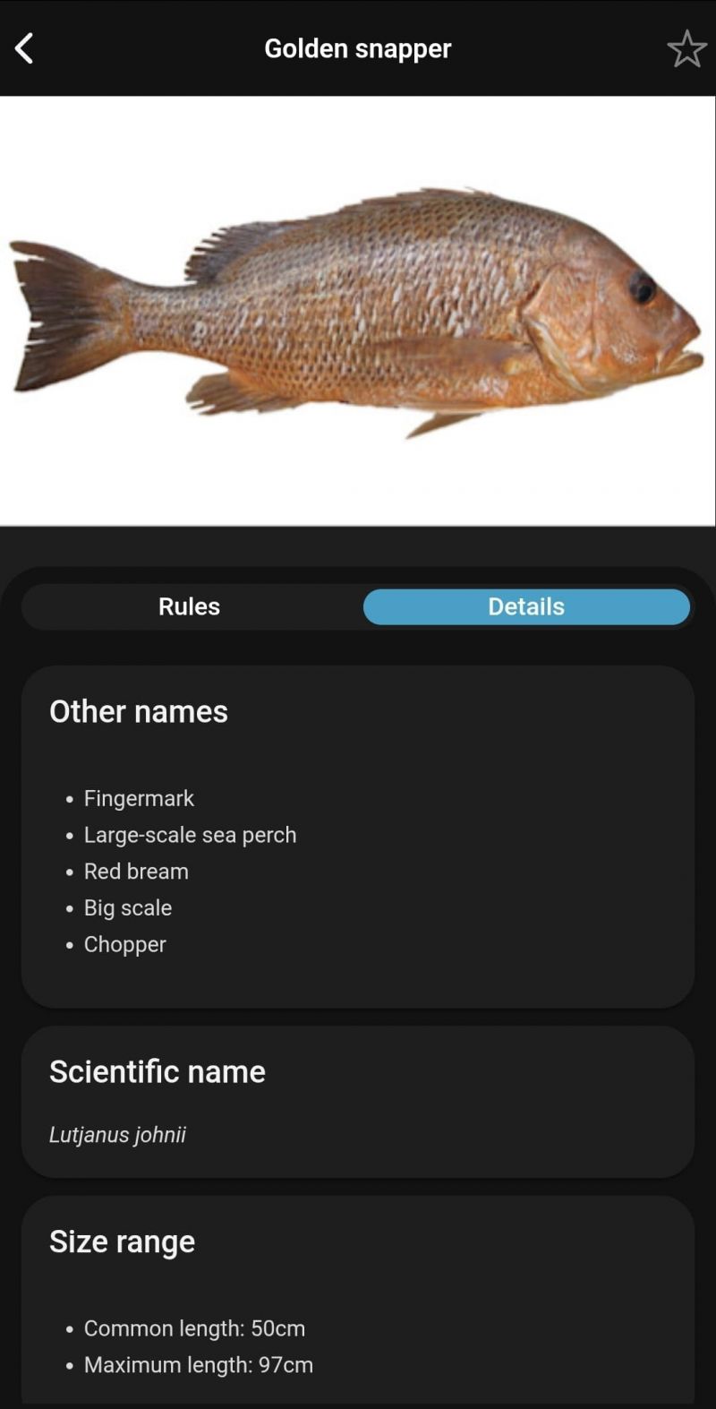 Screenshot of Qld Fishing 2.0 showing the ‘Golden snapper’ species page with an ‘Other names’ list.
