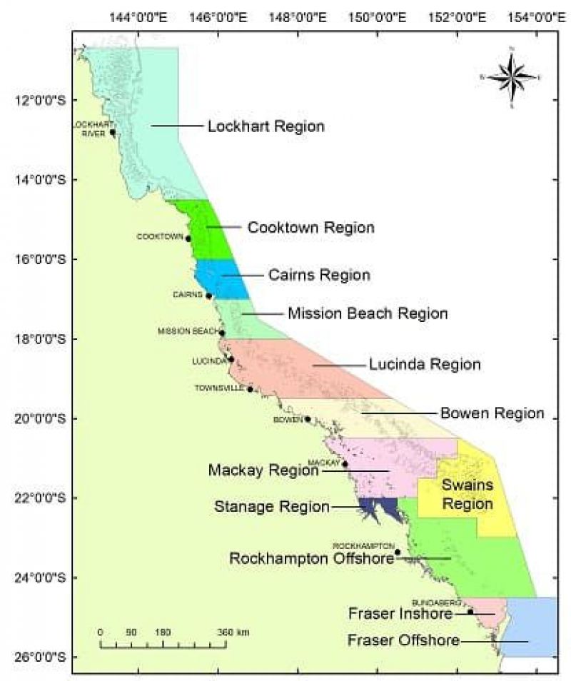Map of Queensland showing coloured coral reef fish monitoring regions from Lockhart River to Fraser Island, including Cooktown, Cairns, Mission Beach, Lucinda, Bowen, Mackay, Stanage, Swains, Rockhampton Offshore, Fraser Inshore and Fraser Offshore.