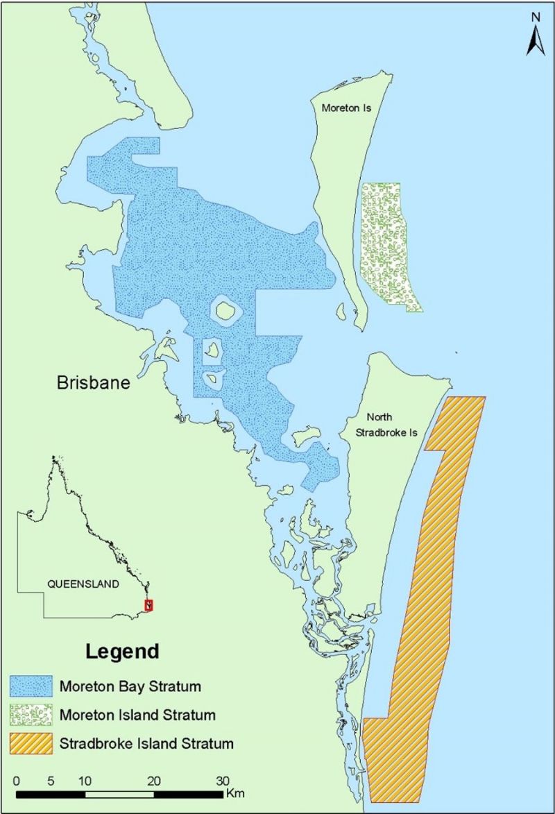 Map showing locations where Eastern king prawn stock is monitored in Queensland.