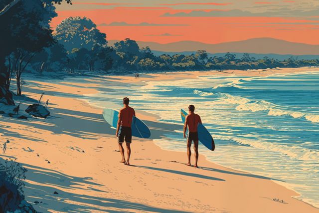 Two surfers in wetsuits sitting on their boards in the ocean, waiting for waves under a clear sky.