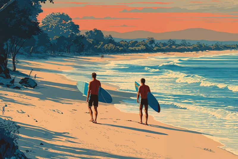 Two surfers in wetsuits sitting on their boards in the ocean, waiting for waves under a clear sky.