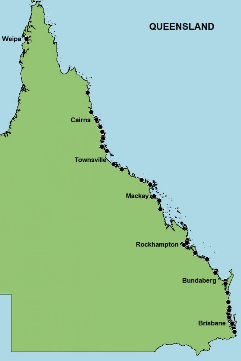 Map of Queensland showing black dots for boat ramp survey sites along the east coast, with major centres labelled including Weipa, Cairns, Townsville, Mackay, Rockhampton, Bundaberg and Brisbane.