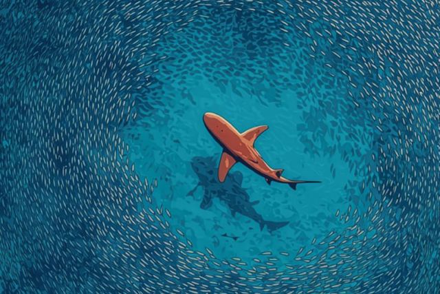 A school of baitfish swimming close to the sandy shoreline in clear, shallow water.