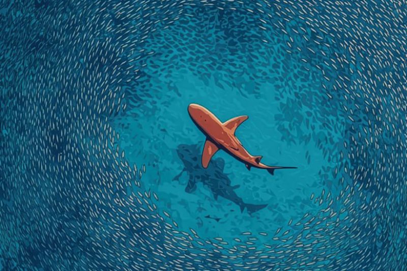 A school of baitfish swimming close to the sandy shoreline in clear, shallow water.