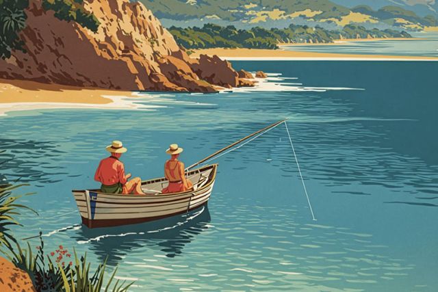 A person fishing from a small boat near the shore, with a family swimming nearby, emphasising the importance of safe boating practices to minimise shark encounters.