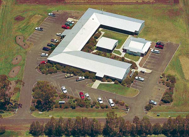 Field trial plots with research buildings in the distance at Gatton Research Facility.