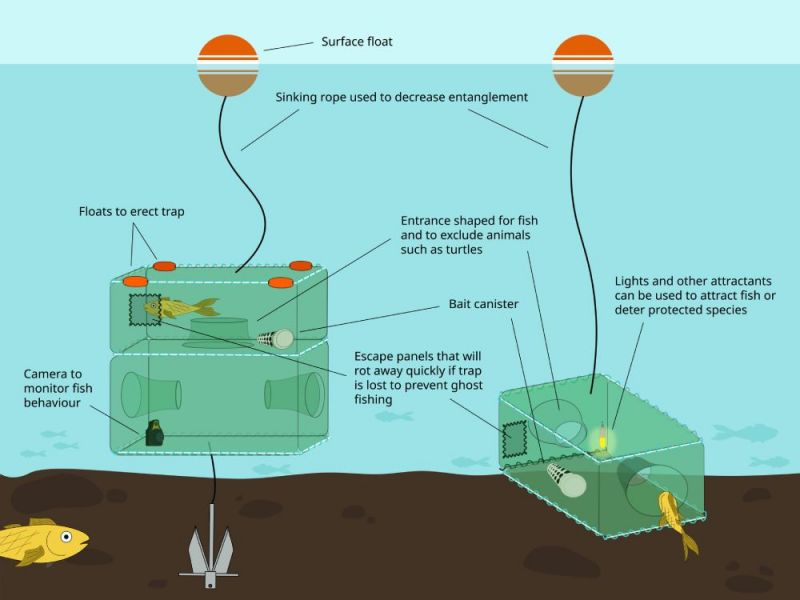 A graphic illustration of how fish traps are set up to catch fish at inshore locations
