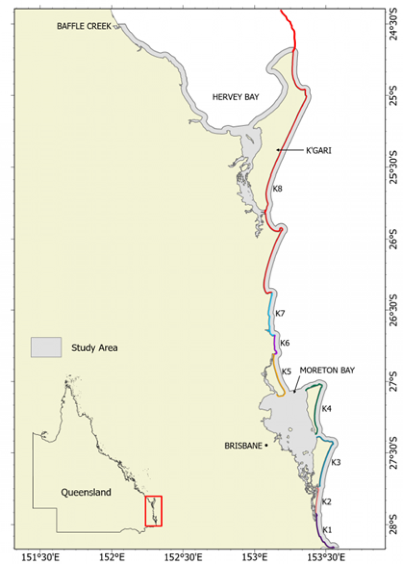 Map showing areas in Queensland where the sea mullet stock is monitored.