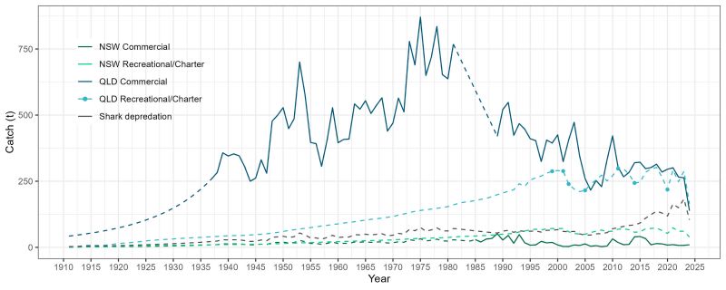 Estimated harvest taken by commercial and recreational fishers on Queensland’s east coast from 1911 to 2025.