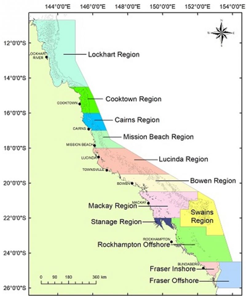 Map showing areas of Queensland where snapper stock is monitored.