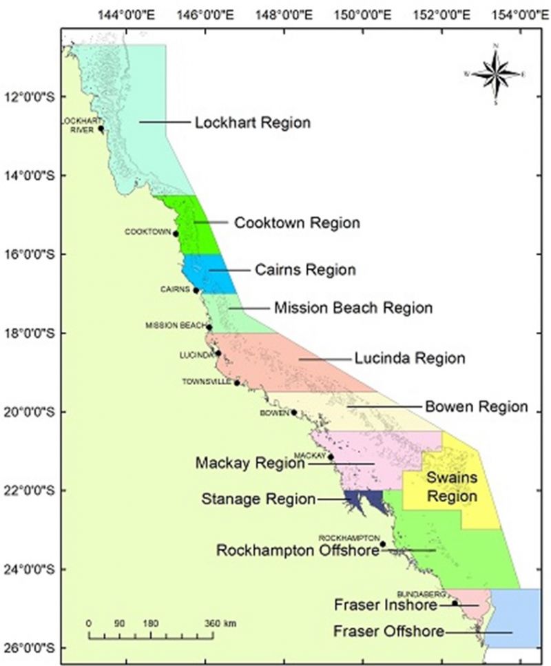 Map showing the areas on the Queensland east coast where Spanish mackerel stock is monitored.