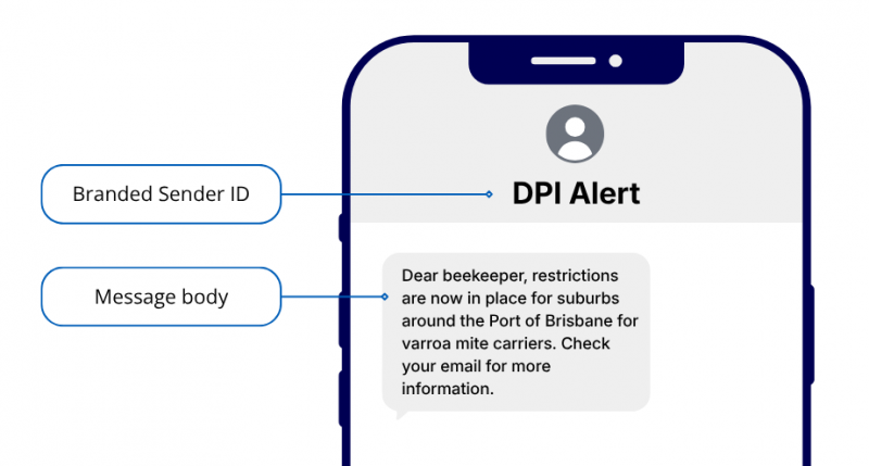 An mobile phone with an example message from one of DPI's registered Sender IDs.