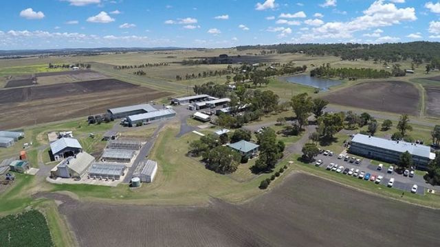 Aerial view of farm buildings, paddocks and a dam.