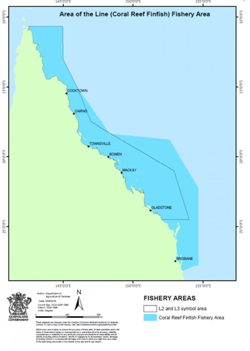 Map showing area of the line (coral reef finfish) fishery area. For accessible information about this map, please contact us on 13 25 23.